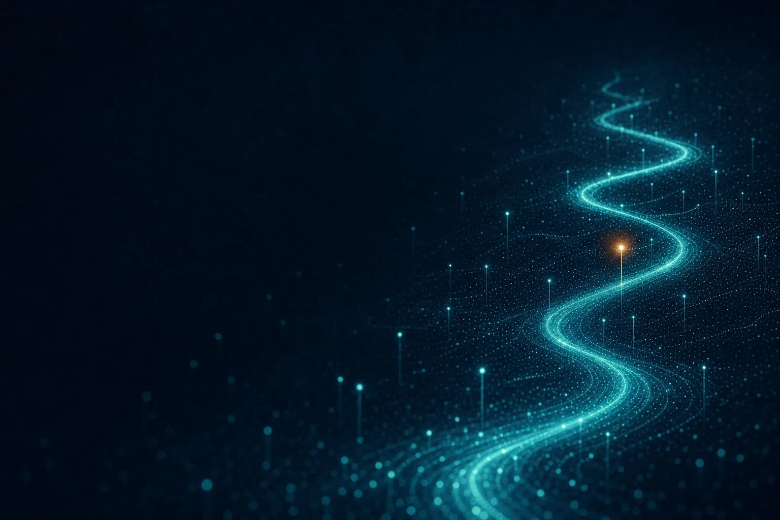 A luminous route moving through a field of prospect signals